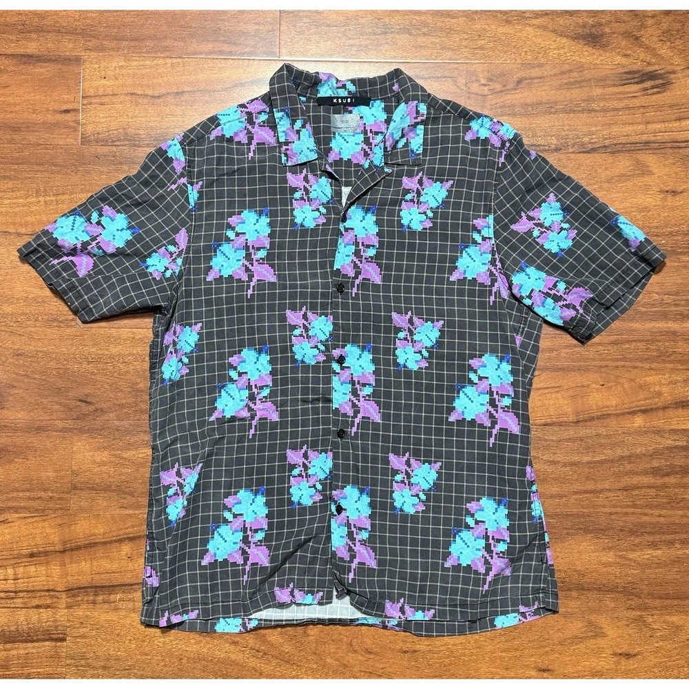 Ksubi Shirt Mens Size Medium Floral Print Collar Button Up Short Sleeve